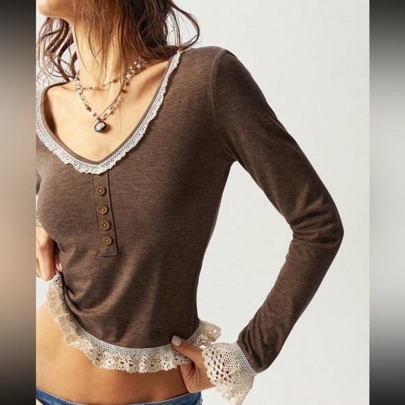 Boho Brown Button Lace Detail Long Sleeve Top - Picture 3 of 6